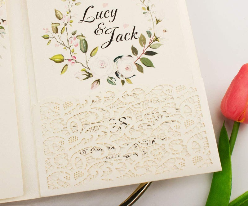 Lucky Star 25 sets Vinatge Pearl Ivory Tri Fold Wedding Invitations Cards With Envelopes Inserts for Bridal Shower Birthday 5X7 - Image 2